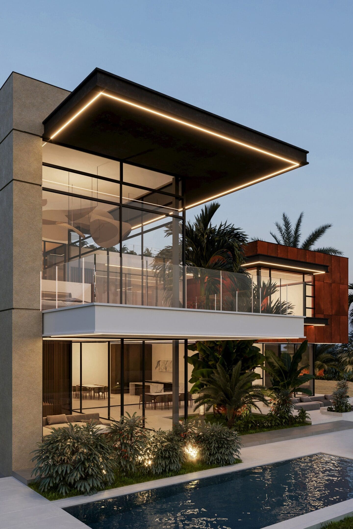 Modern house with pool at dusk.